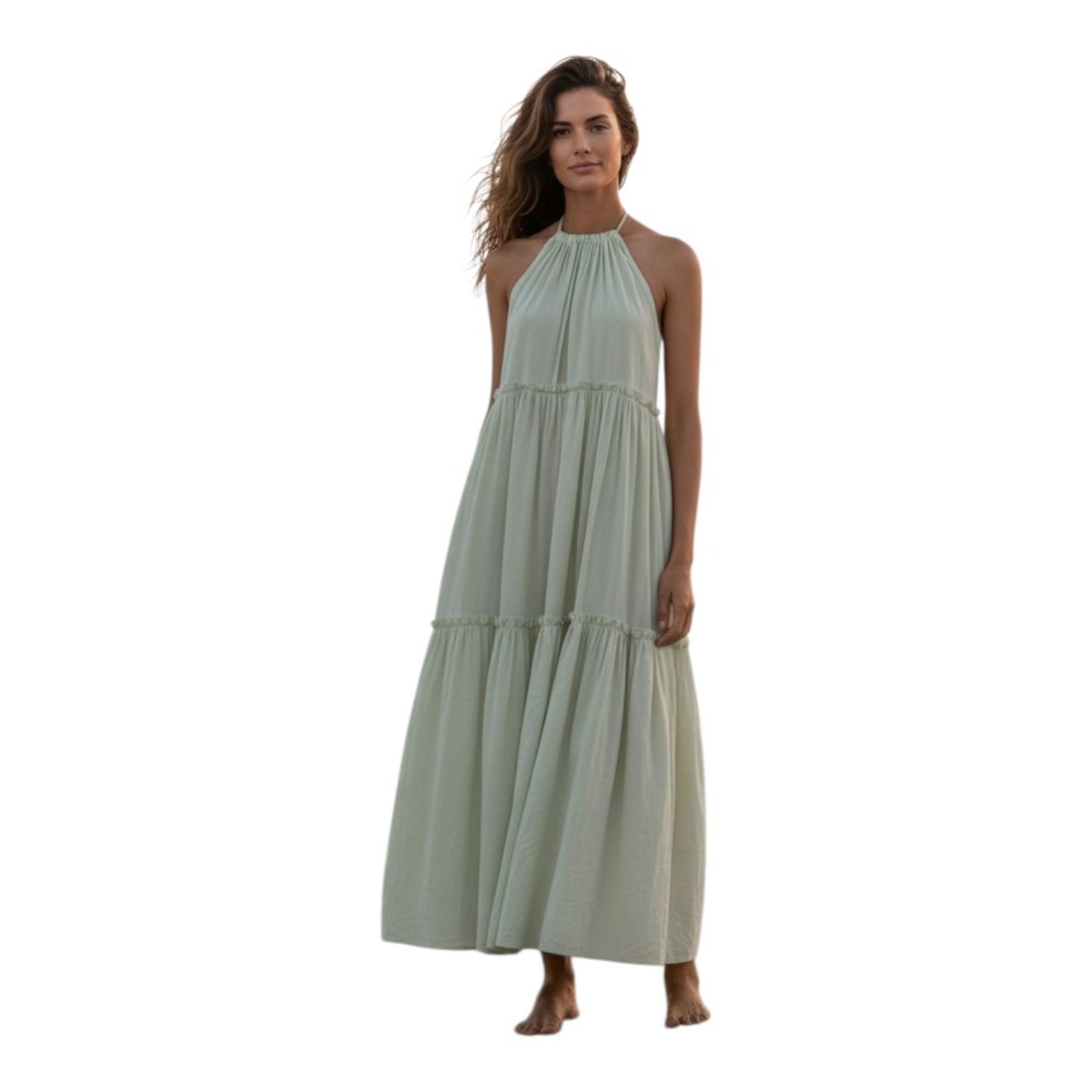 RACHEL ZOE Women's 8 Lined Gauze Sage Green Fringe Tiered Choker Neck Maxi Dress